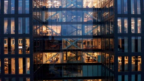 Close up view to office windows in Skyscrapers &amp; offices. Rising aerial shot. Stock Footage 122643744