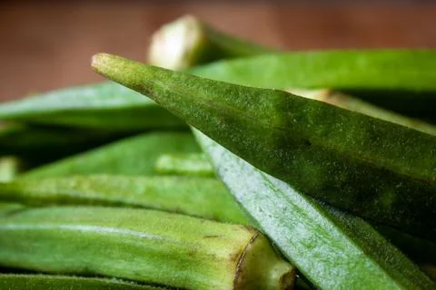 Close view of the okra vegetable (also called as ladies finger). Stock Photos