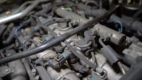 Close up view of old car engine under artificial lights Video stock 160544755