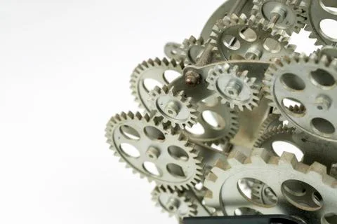 Close view of old clock mechanism with gears and cogs. Conceptual photo for y Foto stock