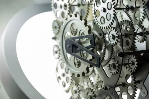 Close view of old clock mechanism with gears and cogs. Conceptual photo for y Stock Photos