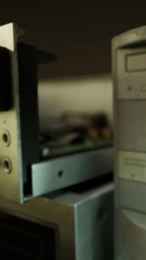 Close view of old computer hardware in a workshop setting during daytime Stock Footage 334258375
