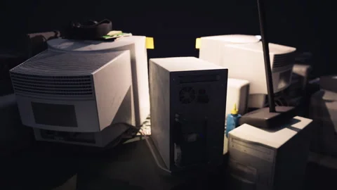 Close up view of old computers and equipment in a dimly lit room Stock Footage 317381297