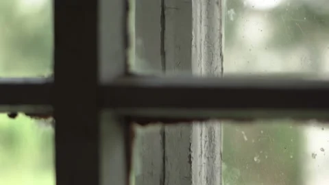 Close up view of old dirty window glass in frame painted with white cracked 스톡 동영상 163758680