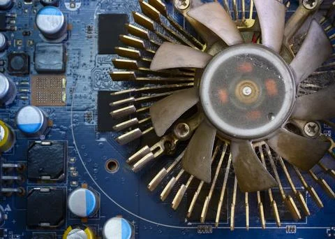 Close up view of an old fan on the computer's video board Stock Photos