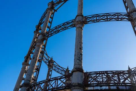 Close view of an old retro rusty Gas Holder or Gas tower Stock Photos