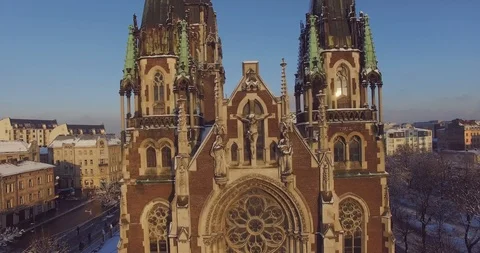 Close-up view of old tall building. Drone footage of beautiful Church of St Video stock 105247846