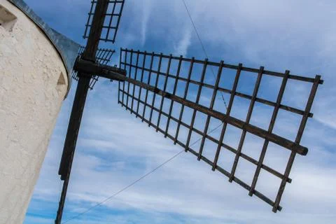 A close-up view to an old windmill on the hill near Consuegra (Castilla La .. Stock Photos