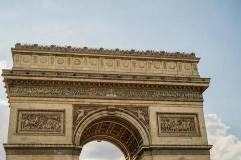 Close-up view of only the top section of the Arc de Triomphe Stock Photos