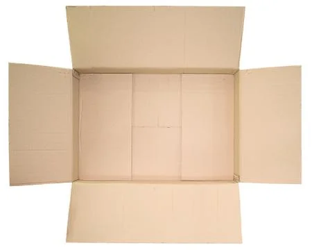 Close up view in the open lid of the empty brown big box isolated on white ba Stock Photos
