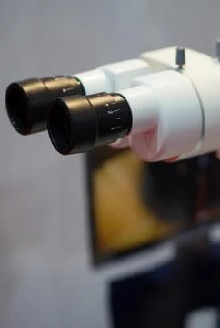 Close-up view of optical microscope in eye testing laboratory 스톡 사진