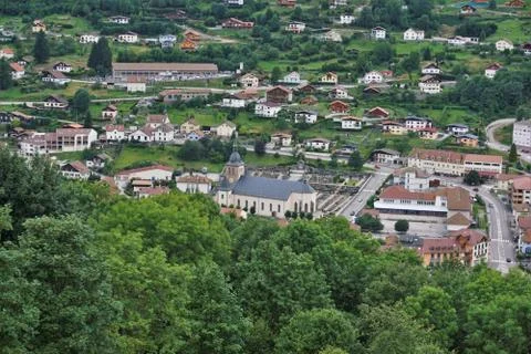 Close-up view over La Bresse with focus on the church and cemetery Stock Photos