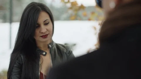 Close-up view over man shoulder on the beautiful latin young woman with pretty Stock-Footage 88066951