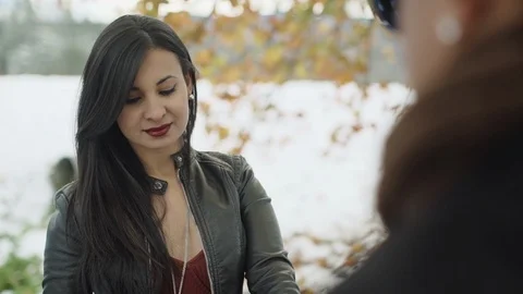 Close-up view over man shoulder on the beautiful latin young woman with pretty Stock-Footage 88067038