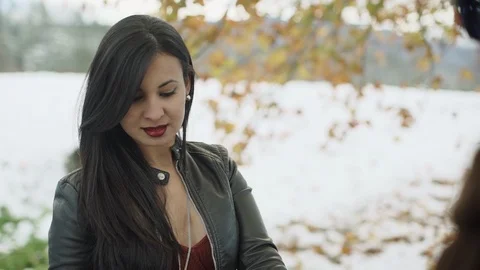 Close-up view over man shoulder on the beautiful latin young woman with pretty Stock-Footage 88067041