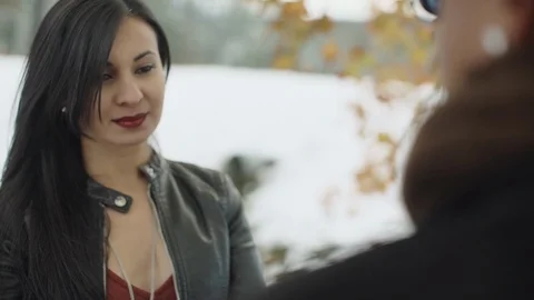 Close-up view over man shoulder on the beautiful latin young woman with pretty Stock-Footage 88068004