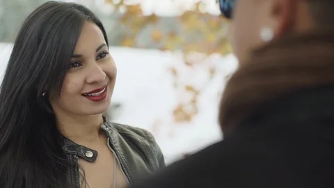 Close-up view over man shoulder on the beautiful latin young woman with pretty Stock-Footage 88068046