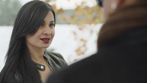 Close-up view over man shoulder on the beautiful latin young woman with pretty Stock-Footage 88068170