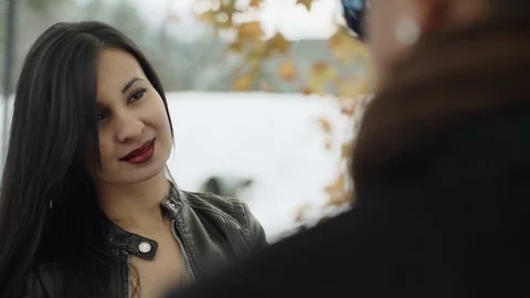 Close-up view over man shoulder on the beautiful latin young woman with pretty Stock-Footage 88068263