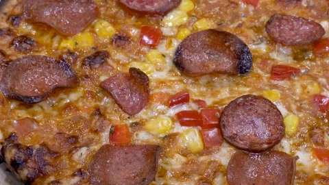 Close up view over rotating pizza salami Stock-Footage 88253495