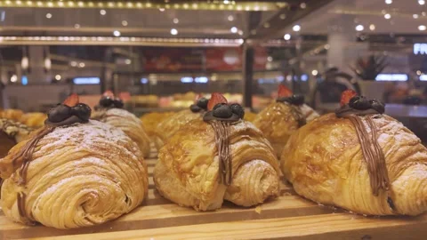 Close-up view of the Pain Au Chocolate croissants in the bakery shop. Stock Footage 292644366