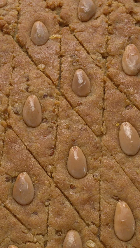 Close up view of palestinian helbeh cake. Vertical video. Stock Footage 279565529