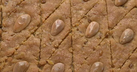 Close up view of palestinian helbeh cake. Stock Footage 279566258