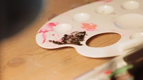 Close up view of palette on the working table of the artist Stock Footage 71768349