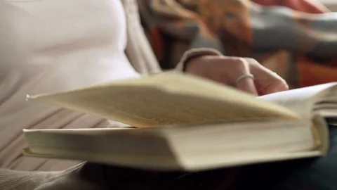 Close up view of paper book in hands of latin young woman who read it, sitting Video stock 73872062