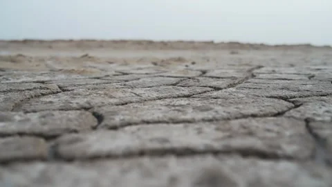 Close-up view of parched and cracked desert ground, depicting arid conditions Video stock 329002210