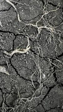 Close view of parched ground with deep cracks, tangled exposed roots, and rough Illustrazione stock