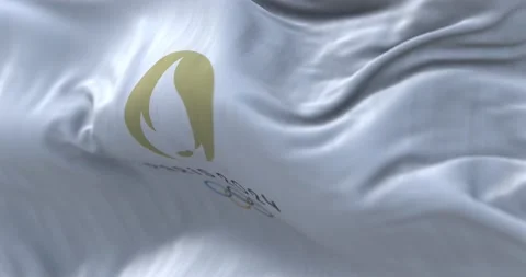 Close-up view of the Paris 2024 Summer Olympics flag waving in the wind Stock Footage 219937530