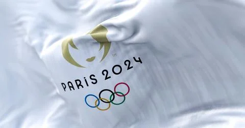 Close-up view of the Paris 2024 Summer Olympics flag waving in the wind Foto stock