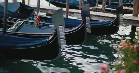 Close-up view of parked gondolas bobbing on water of the Venetian canal Stock Footage 221164153