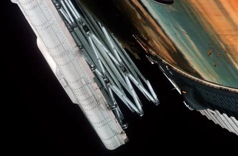 Close-up view of partially deployed, damaged solar array before astronauts .. Stock-Fotos