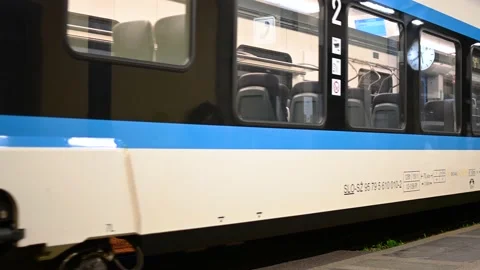 Close up view of passenger train arrival Stock Footage 168283418