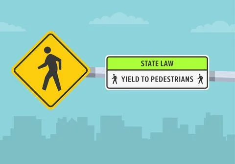 Close-up view of a pedestrian crossing and yield to pedestrians state road sign. Stock Illustration