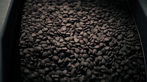 Close-up view of pet food moving in an convoyer belt in a pet food factory. Equi 動画素材 128409866