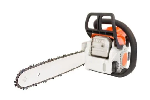 Close up view of petrol chainsaw. Different focus on left side. Isolated on w Stock Photos
