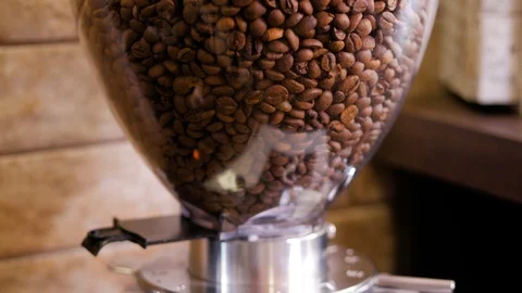 Close up view on pile of robusta arabica coffee beans in coffee grinder machine Stock Footage 106462645