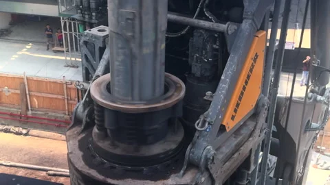 Close View of Piling Rig Drilling at Hudson Yards Rail Construction Site, NYC Stock Footage 347905349