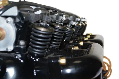 Close-up view of piston engine for airplane. Selective focus on central part. Stock Photos