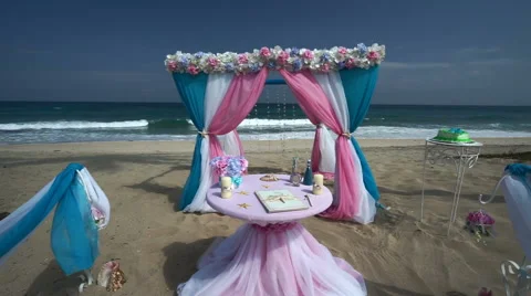 Close-up view to the place with scenery of wedding ceremony. Colorful flowers Stock Footage 67865668
