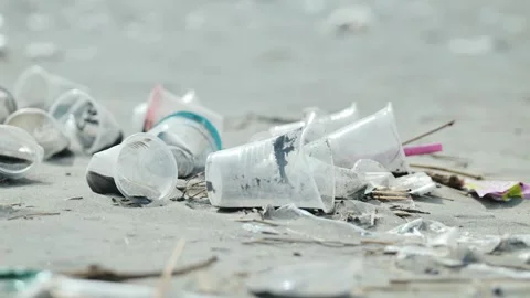 Close View, Plastic Waste Scattered Along Lingayen Beach Shoreline, Philippines Stockbeeldmateriaal 332680318