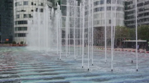 Close up view at playing fountains near La Grande Arche Stock Footage 54716341