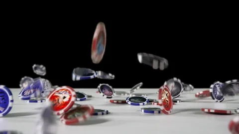 Close-up view: Poker chips falling on table on the chromakey background, 4x slow Stock Footage 121889308