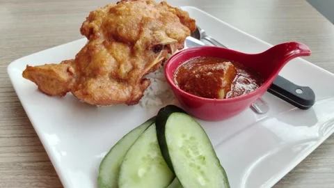 Close-up view of the pork chop with curry rice and cucumber. 動画素材 199628106