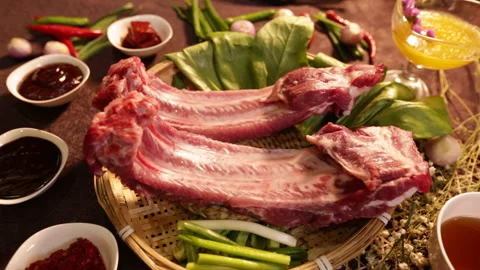 Close view pork chops, small chops and ribs (4) Stock Footage 202258582