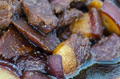 Close up view of pork cooked in soy sauce with customizable space for text... Stock Photos