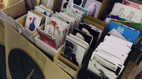 Close up view of postcards display in a shop. Stock Footage 135395103